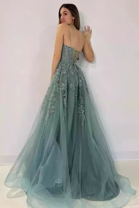Ethereal Sage Green Tulle Ball Dress with Lace V-Neck Bodice & Lace-Up Back