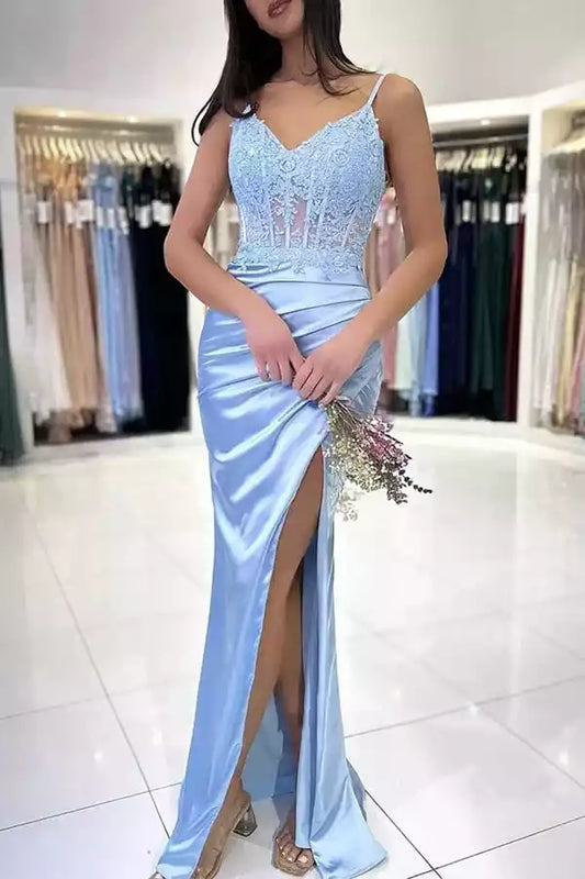 Ethereal Sky Blue Satin Mermaid Dress with Lace V-Neck Bodice & High Slit