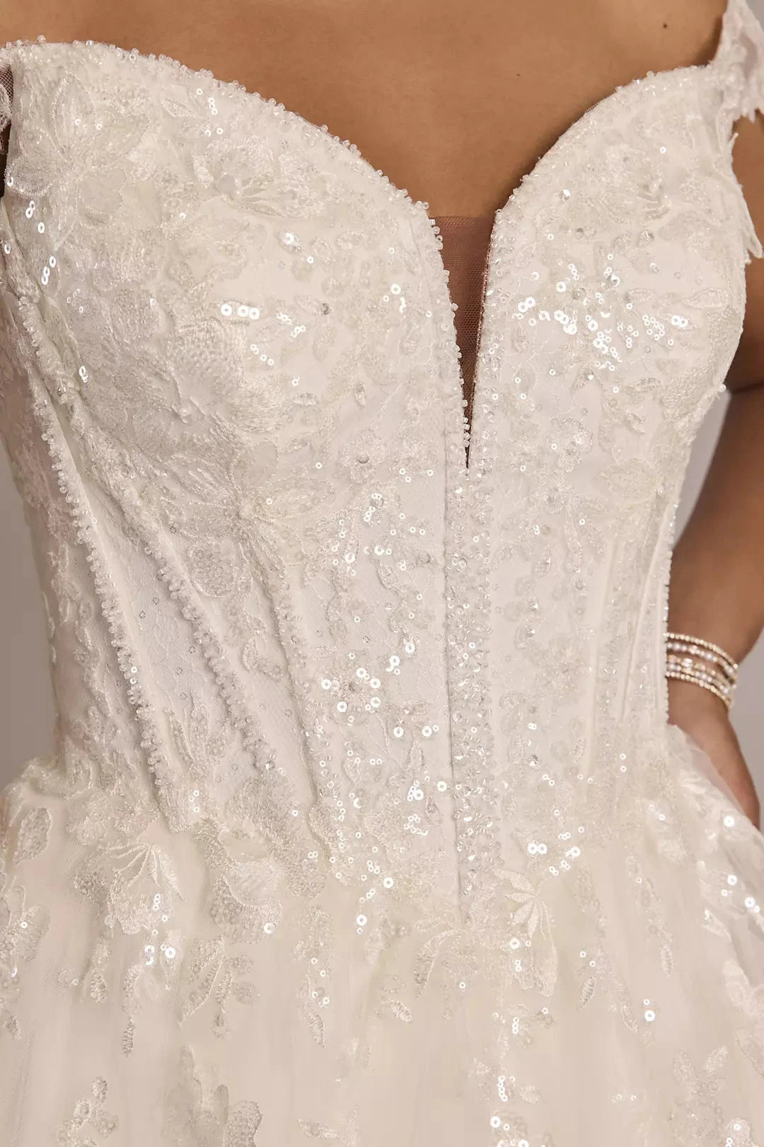 Ethereal Sparkle Ballgown Off-the-Shoulder Sequin-Lace Deep V-Neck Tulle Open-Back Sweeping Train Wedding Dress by YiHuiw