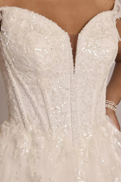 Ethereal Sparkle Ballgown Off-the-Shoulder Sequin-Lace Deep V-Neck Tulle Open-Back Sweeping Train Wedding Dress by YiHuiw