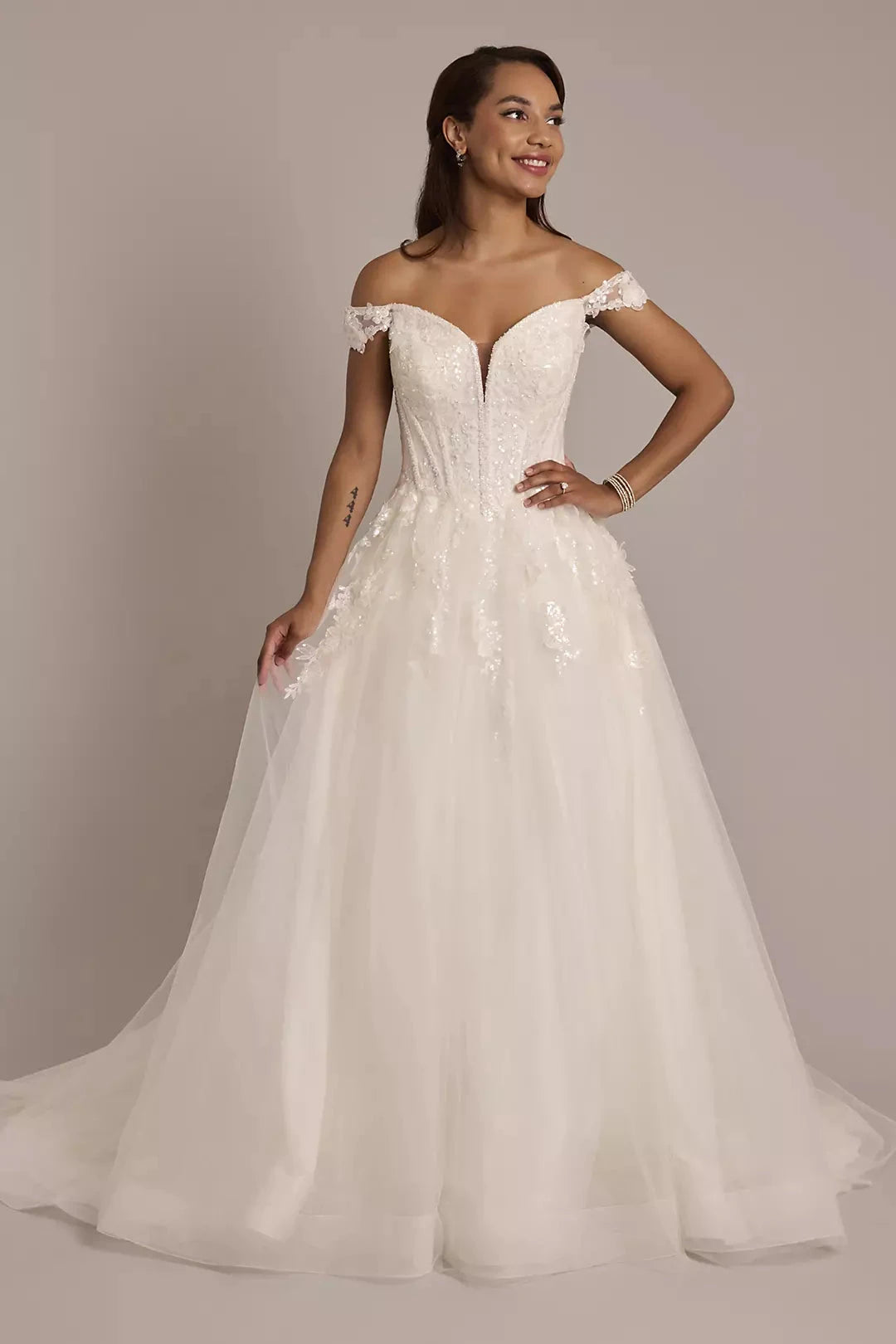 Ethereal Sparkle Ballgown Off-the-Shoulder Sequin-Lace Deep V-Neck Tulle Open-Back Sweeping Train Wedding Dress by YiHuiw