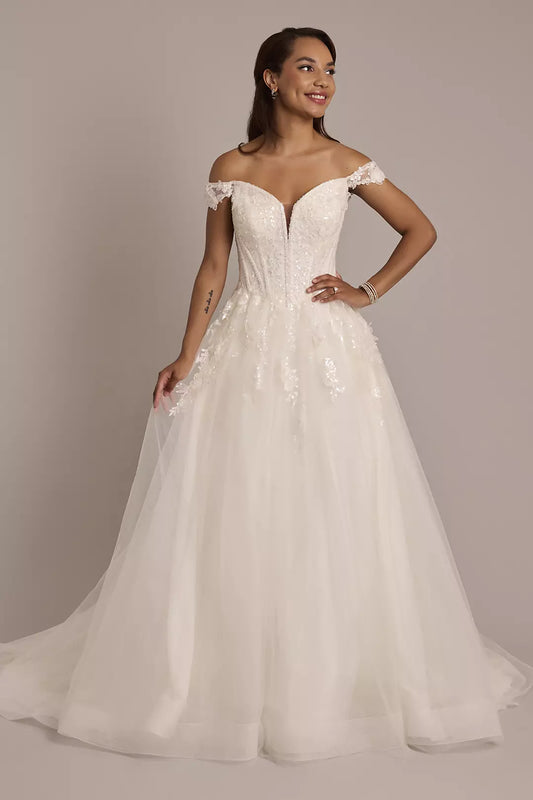 Ethereal Sparkle Ballgown Off-the-Shoulder Sequin-Lace Deep V-Neck Tulle Open-Back Sweeping Train Wedding Dress
