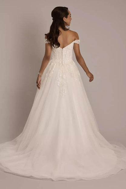 Ethereal Sparkle Ballgown Off-the-Shoulder Sequin-Lace Deep V-Neck Tulle Open-Back Sweeping Train Wedding Dress by YiHuiw