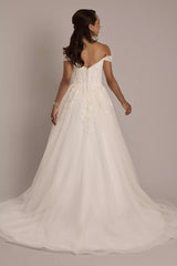 Ethereal Sparkle Ballgown Off-the-Shoulder Sequin-Lace Deep V-Neck Tulle Open-Back Sweeping Train Wedding Dress
