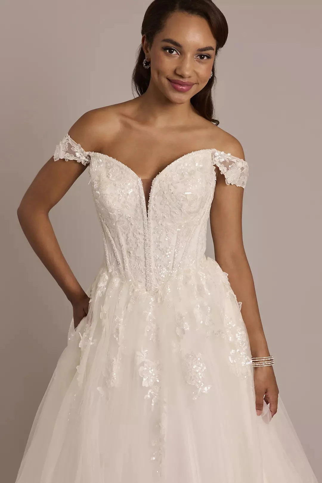 Ethereal Sparkle Ballgown Off-the-Shoulder Sequin-Lace Deep V-Neck Tulle Open-Back Sweeping Train Wedding Dress by YiHuiw