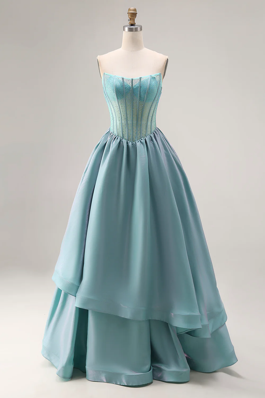 Ethereal Strapless Beaded Corset Ball Dress with Layered Taffeta Skirt for Formal Evening Events