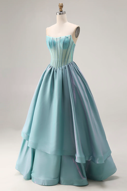 Ethereal Strapless Beaded Corset Ball Dress with Layered Taffeta Skirt for Formal Evening Events
