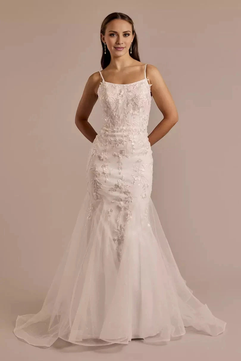 Ethereal Tulle Mermaid Spaghetti-Strap 3D Lace-Train Low-Back Wedding Dress by YiHuiw