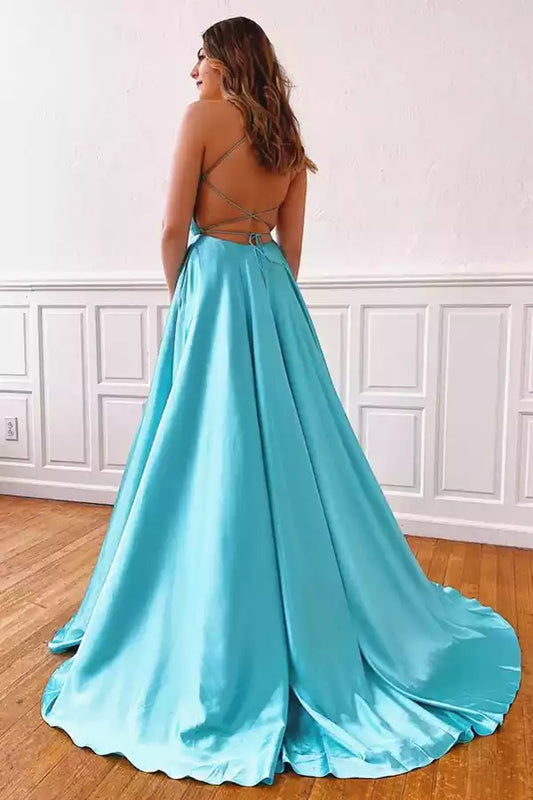 Ethereal Turquoise Satin A-Line Dress with V-Neck & Criss-Cross Back
