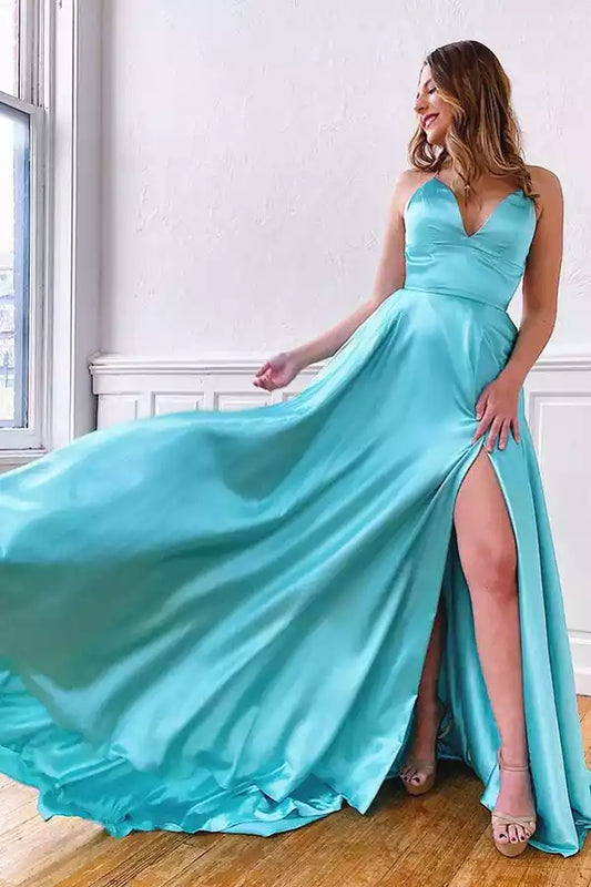 Ethereal Turquoise Satin A-Line Dress with V-Neck & Criss-Cross Back