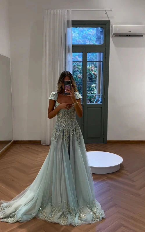 Ethereal tulle A-line square cap sleeve open-back floor length evening dress by YiHuiw