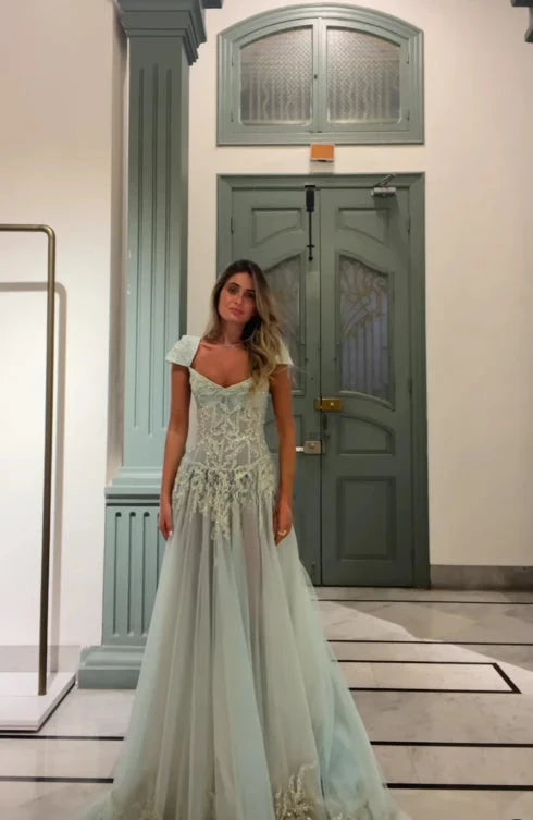 Ethereal tulle A-line square cap sleeve open-back floor length evening dress by YiHuiw