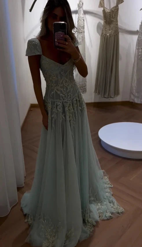 Ethereal tulle A-line square cap sleeve open-back floor length evening dress by YiHuiw