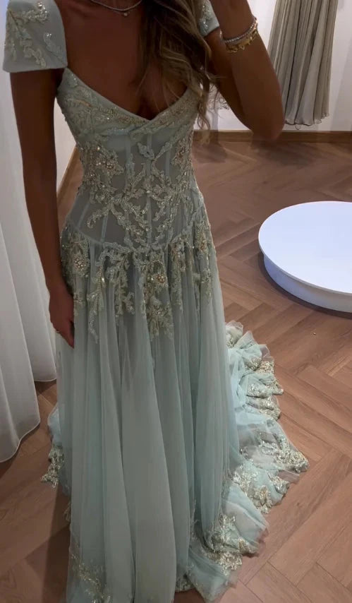 Ethereal tulle A-line square cap sleeve open-back floor length evening dress by YiHuiw