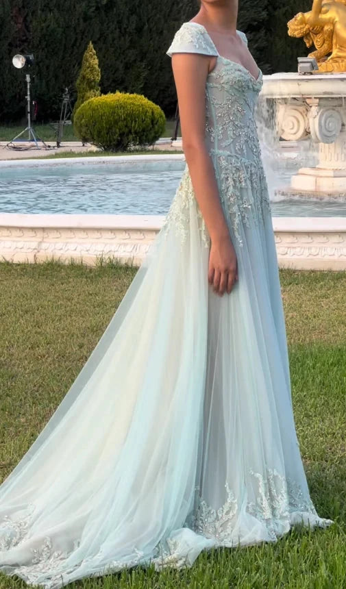 Ethereal tulle A-line square cap sleeve open-back floor length evening dress by YiHuiw