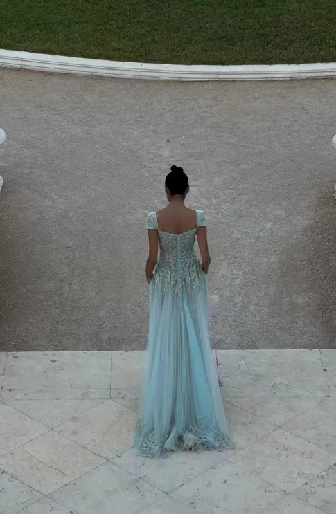 Ethereal tulle A-line square cap sleeve open-back floor length evening dress by YiHuiw