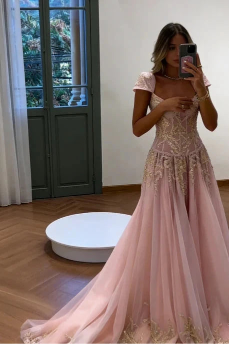Ethereal tulle A-line square cap sleeve open-back floor length evening dress by YiHuiw