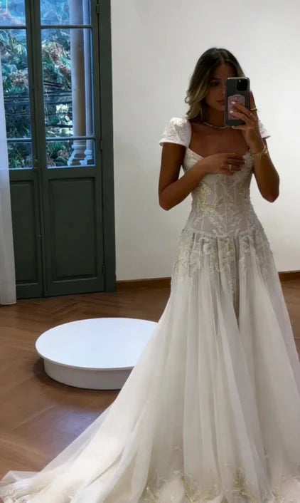 Ethereal tulle A-line square cap sleeve open-back floor length evening dress by YiHuiw