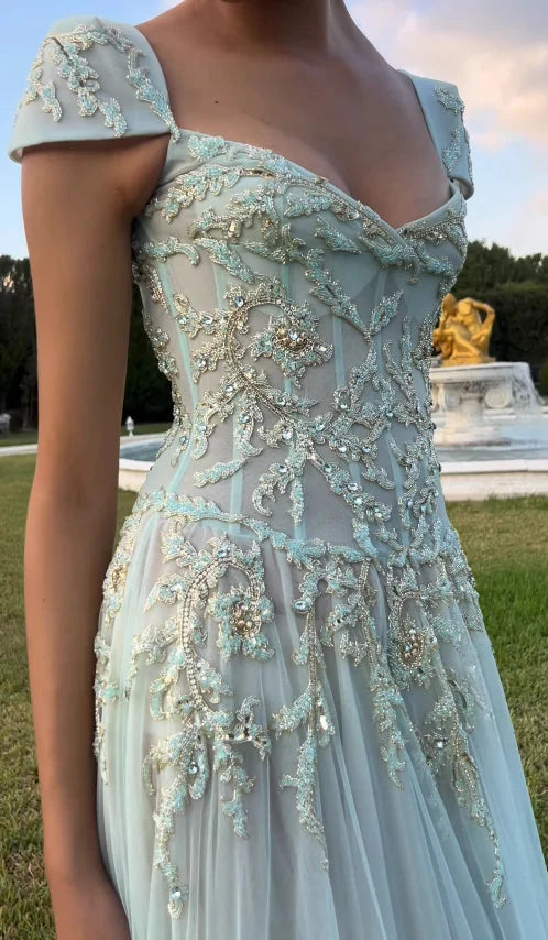 Ethereal tulle A-line square cap sleeve open-back floor length evening dress by YiHuiw