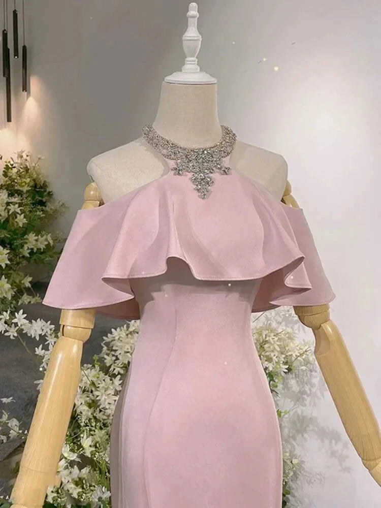 Exotic Pink Mermaid Prom Dresses for Party Events Crystal Neckline simple gentle atmospheric and unique desi Bring summer colors to enhance whiteness by YiHuiw