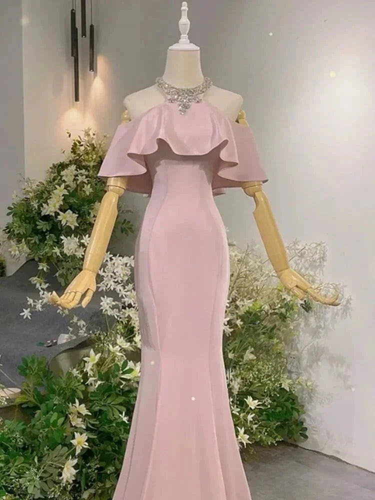 Exotic Pink Mermaid Prom Dresses for Party Events Crystal Neckline simple gentle atmospheric and unique desi Bring summer colors to enhance whiteness by YiHuiw