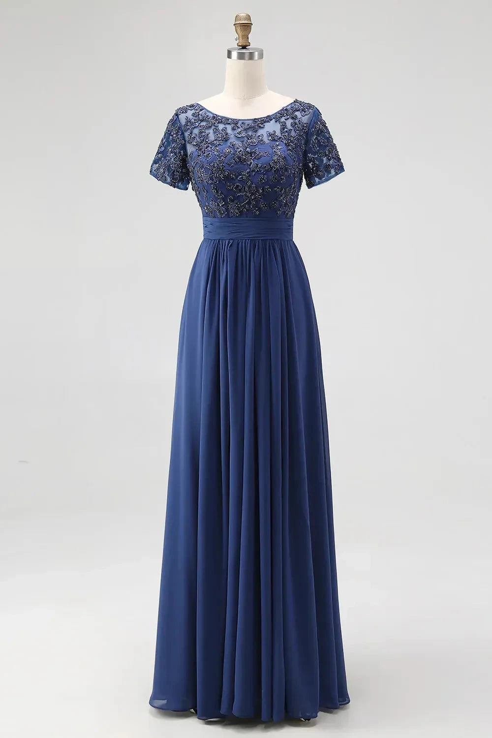 Exquisite A Line Boat Neck Short Sleeve Embroidered Back Floor Length Mother of the Bride Dress by YiHuiw