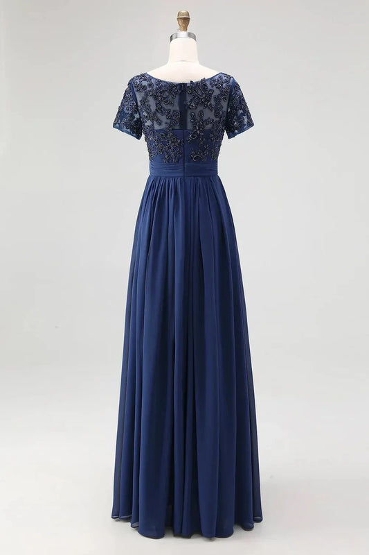 Exquisite A Line Boat Neck Short Sleeve Embroidered Back Floor Length Mother of the Bride Dress by YiHuiw