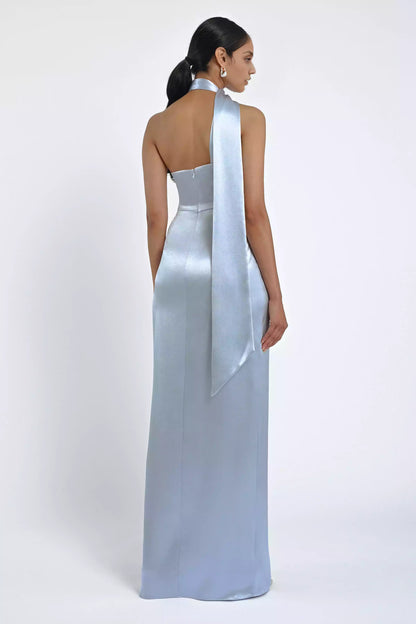 Exquisite and glossy satin asymmetric backless neckline, natural waist seam slit, half body tight corset, back middle zipper, Bridesmaid Dresses