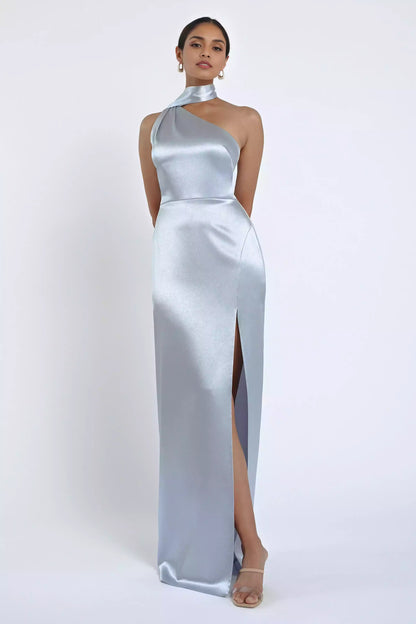 Exquisite and glossy satin asymmetric backless neckline, natural waist seam slit, half body tight corset, back middle zipper, Bridesmaid Dresses
