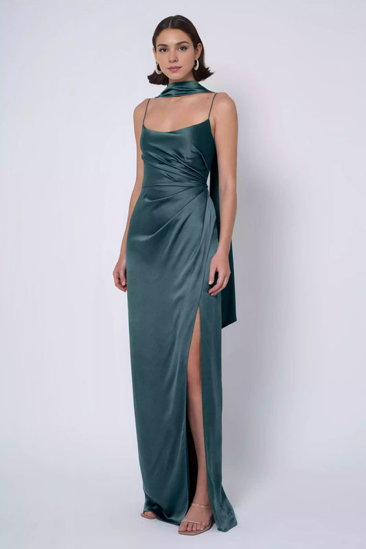 Exquisite details, luxurious satin fine shoulder straps, round neck, pleated natural waist seams, side slits, tight corset, back middle zipper, Bridesmaid Dresses