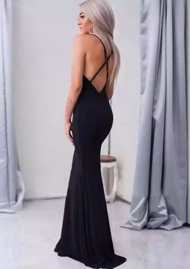 Vestidos de graduación exquisitos de punto con cola larga/corte sirena, sin mangas, cuello en V y tirantes cruzados en los hombros