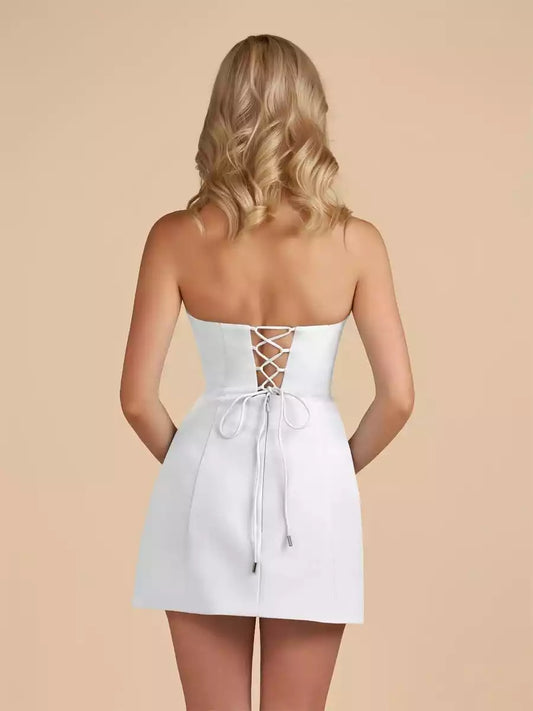 Exquisite strapless tight satin front with playful hollowed out sleeveless lace up back Homecoming Dresses
