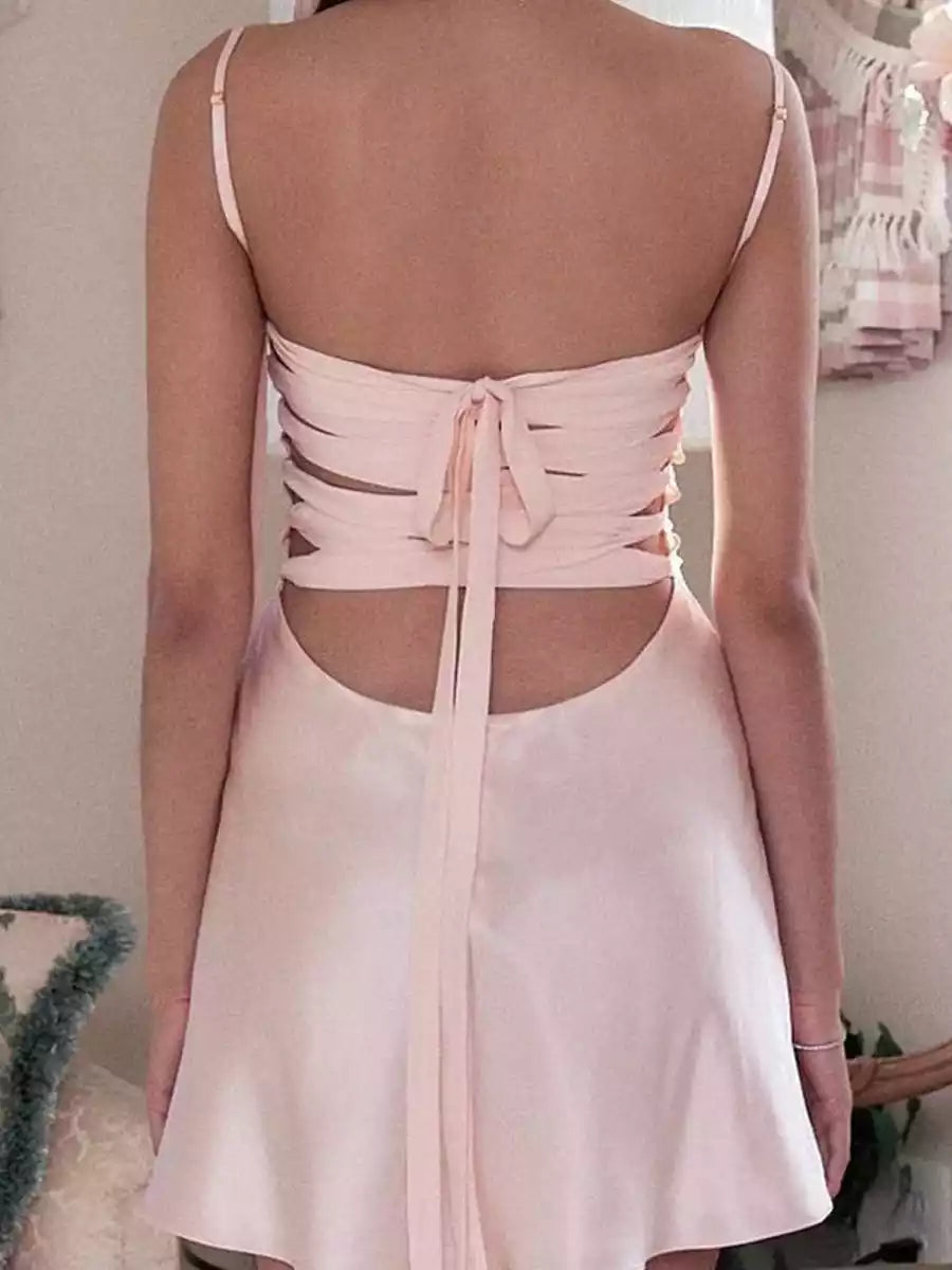 Vestidos de graduación de satén sin mangas, de corte en A, con tirantes finos y lazo en la espalda
