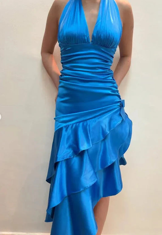 Eye - catching Blue Halter Asymmetrical Ruffle Dress by YiHuiw