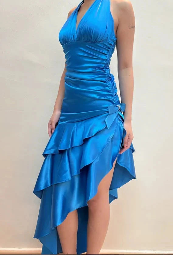 Eye - catching Blue Halter Asymmetrical Ruffle Dress by YiHuiw