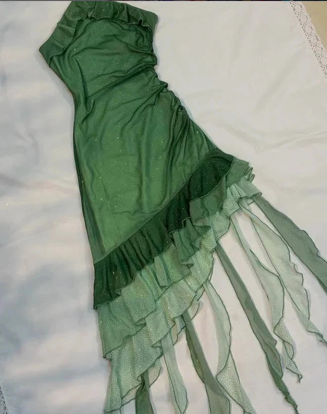Eye - catching Sage Green Halter Neck Asymmetric Frilled Mini Dress for Special Occasions by YiHuiw