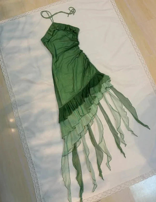 Eye - catching Sage Green Halter Neck Asymmetric Frilled Mini Dress for Special Occasions by YiHuiw
