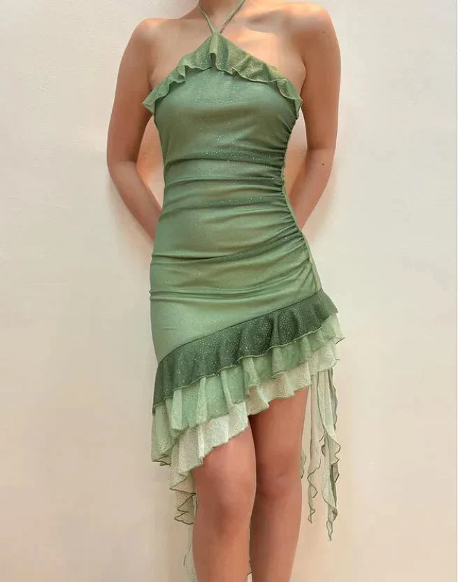 Eye - catching Sage Green Halter Neck Asymmetric Frilled Mini Dress for Special Occasions by YiHuiw