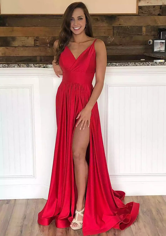 Eye catching A-line sleeveless trailing satin pleated slit Prom Dresses