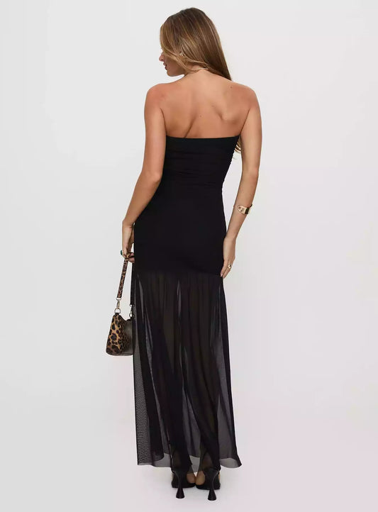 Eye catching strapless long pleated hem with slit and sheer lining Prom Dresses