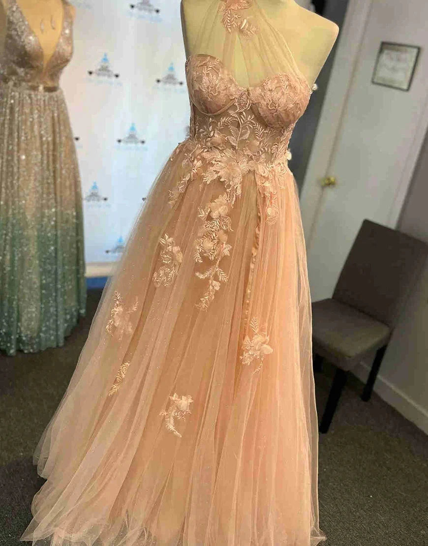 A-Line Prom Dresses Color Block Dress Formal Wedding Guest Sweep / Brush Train Sleeveless One Shoulder Tulle Backless with Pleats Appliques by YiHuiw