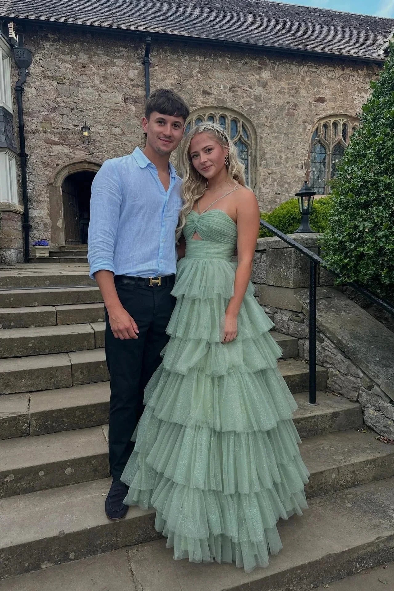 Fairy-Tale Strapless Sweetheart Twist Bodice Tiered Glitter Tulle Prom Dress with Cutout & Rhinestone Strap by JiMiss Dresses