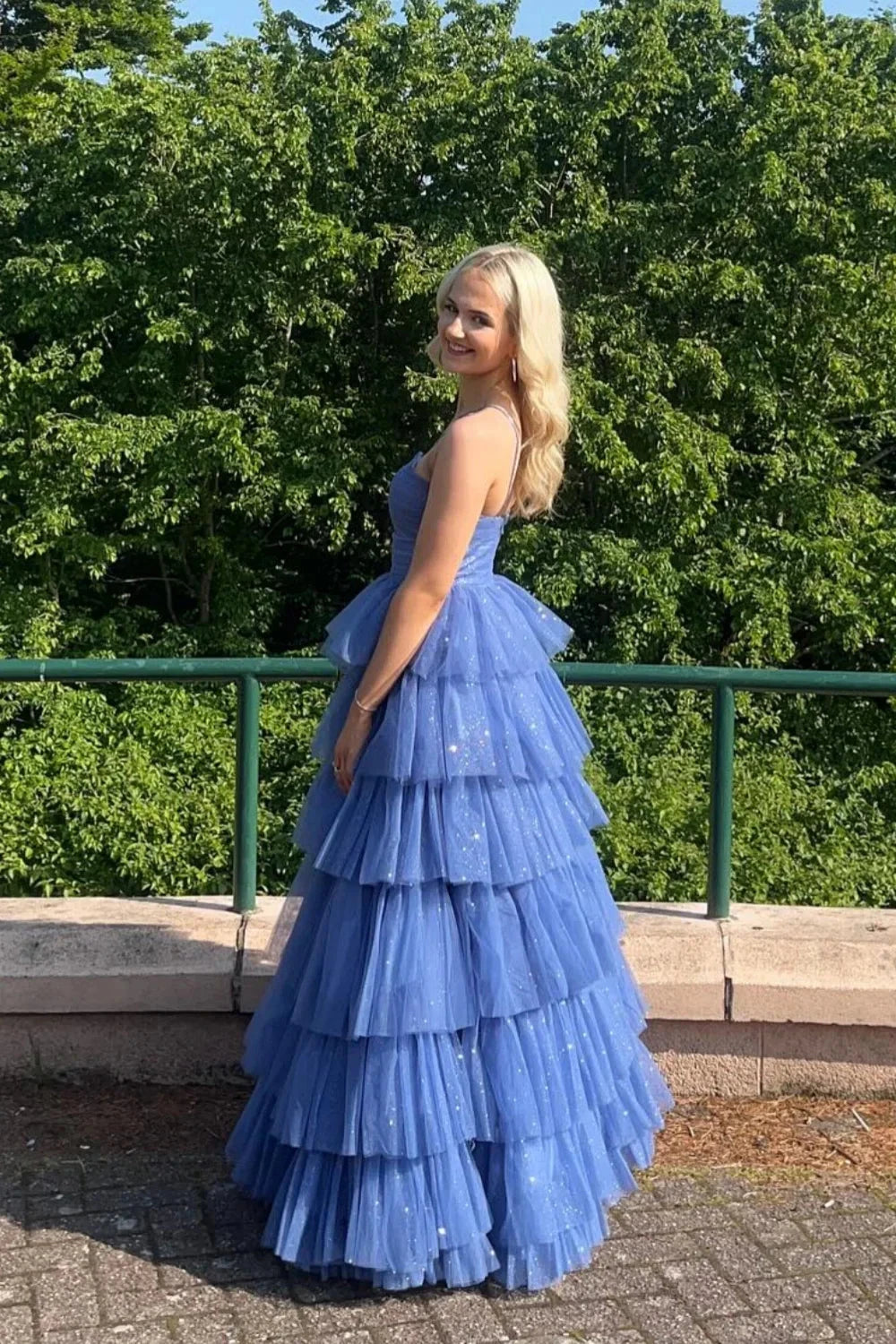 Fairy-Tale Strapless Sweetheart Twist Bodice Tiered Glitter Tulle Prom Dress with Cutout & Rhinestone Strap by JiMiss Dresses