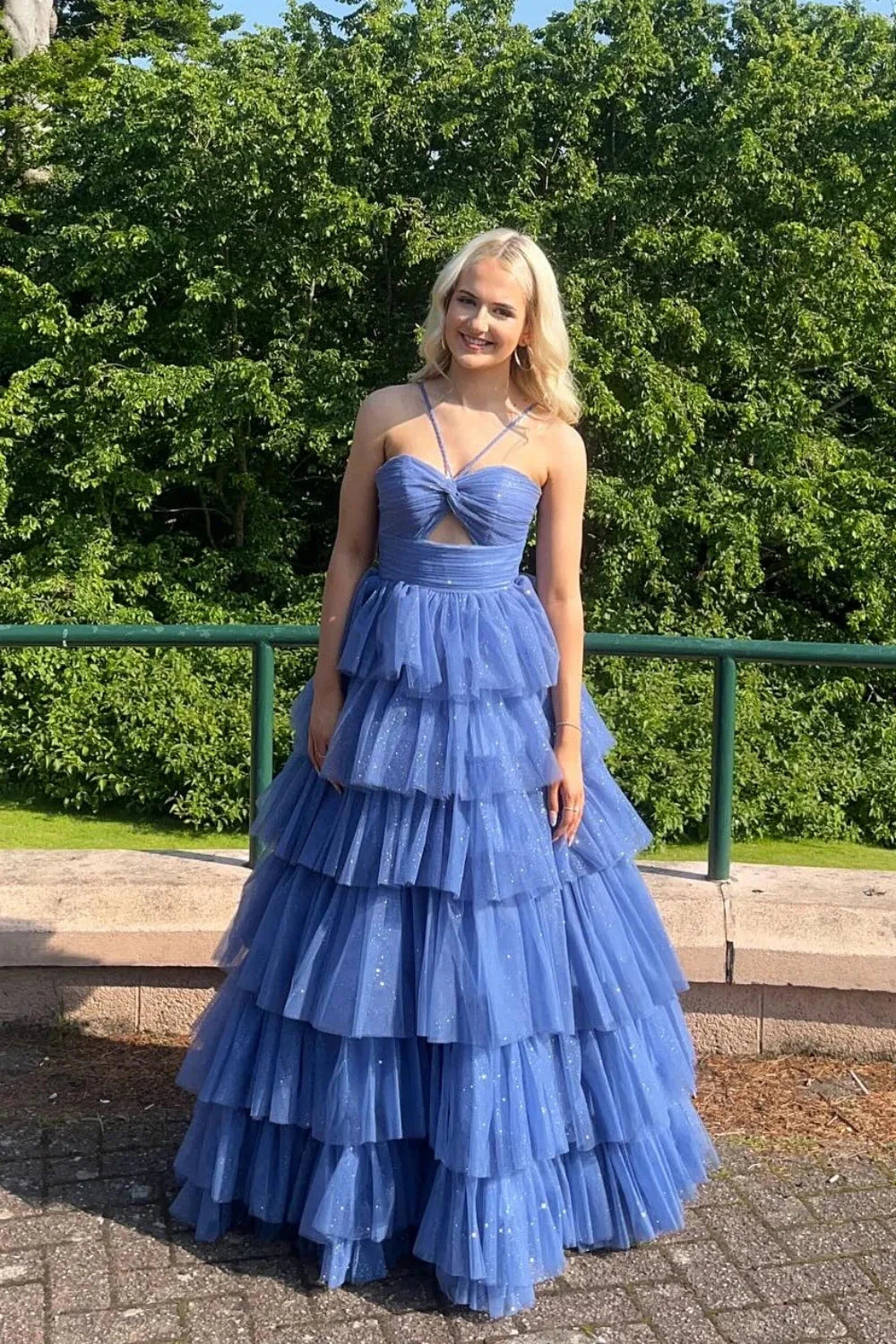 Fairy-Tale Strapless Sweetheart Twist Bodice Tiered Glitter Tulle Prom Dress with Cutout & Rhinestone Strap by JiMiss Dresses