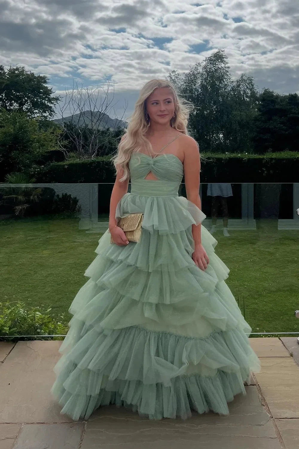 Fairy-Tale Strapless Sweetheart Twist Bodice Tiered Glitter Tulle Prom Dress with Cutout & Rhinestone Strap by JiMiss Dresses