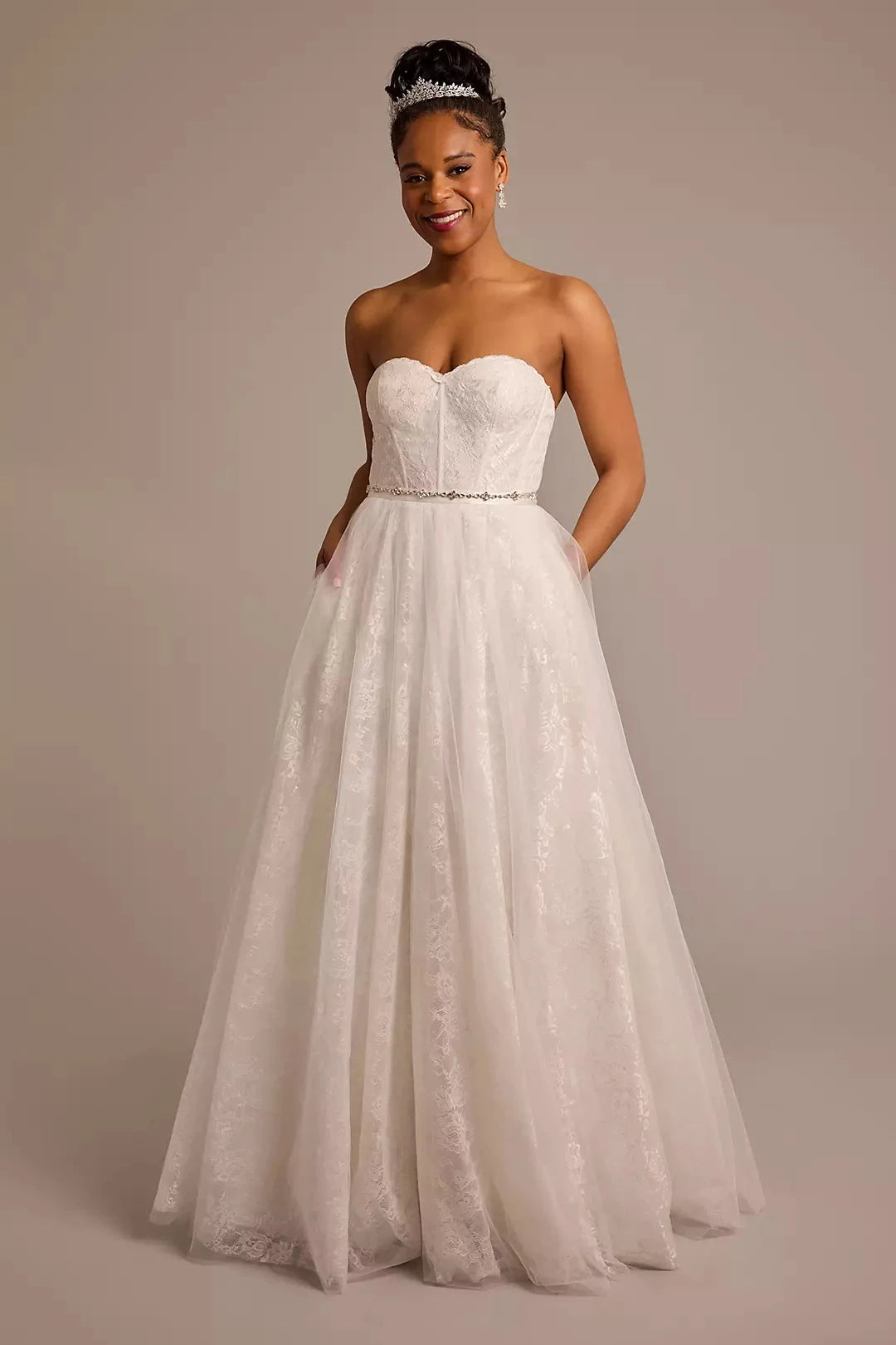 Fairytale Tulle A-Line Strapless Lace-Embellished Bow-Back Pocketed Wedding Dress by YiHuiw