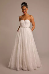 Fairytale Tulle A-Line Strapless Lace-Embellished Bow-Back Pocketed Wedding Dress