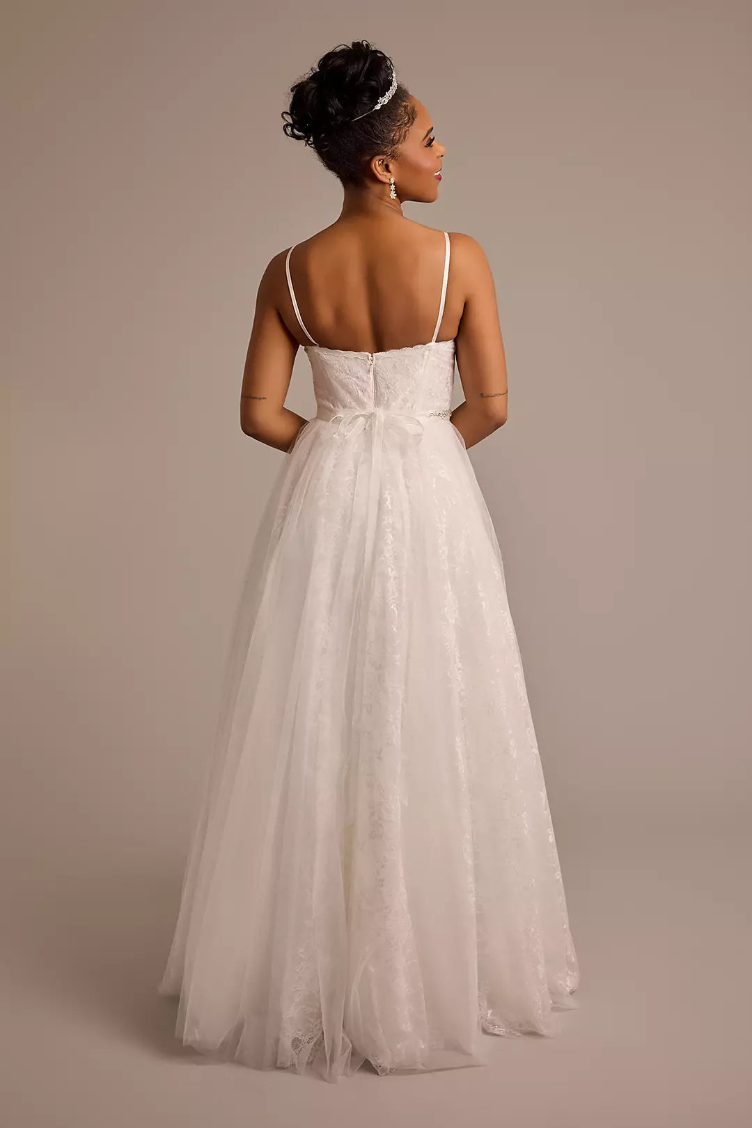 Fairytale Tulle A-Line Strapless Lace-Embellished Bow-Back Pocketed Wedding Dress