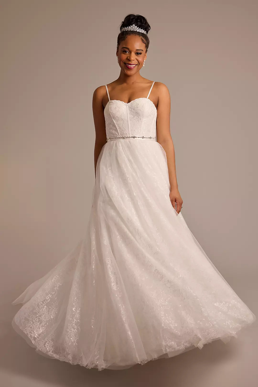 Fairytale Tulle A-Line Strapless Lace-Embellished Bow-Back Pocketed Wedding Dress