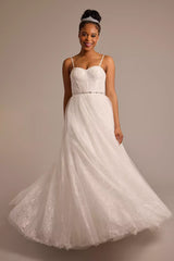 Fairytale Tulle A-Line Strapless Lace-Embellished Bow-Back Pocketed Wedding Dress